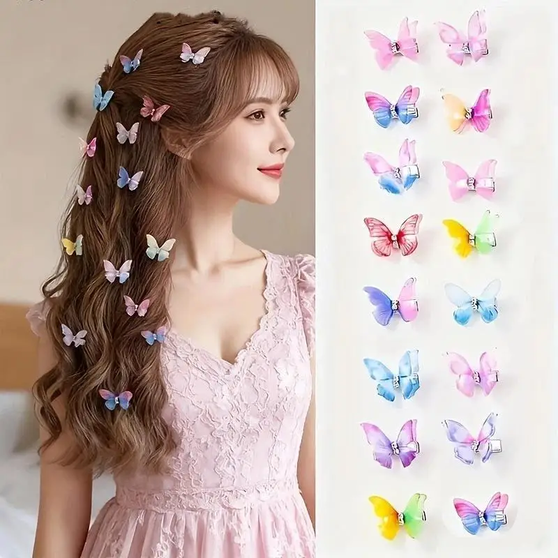 10 Stück bunte, doppellagige Organza-Schmetterlings-Haarspangen mit Strass, niedliche Prinzessinnen-Haaraccessoires – Detail 6