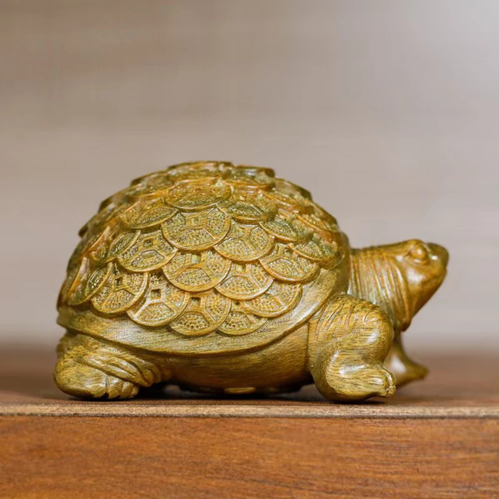 Green sandalwood carved gold money turtle ornament, Animal statue hand-held toy, home Feng Shui Ornaments, Wood carving crafts