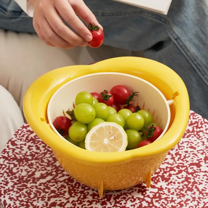 62KD Large Capacity 24.50cm Plastic Produce Colander With Flipping Drain Design Double Layer Strainer For Washing And Serving