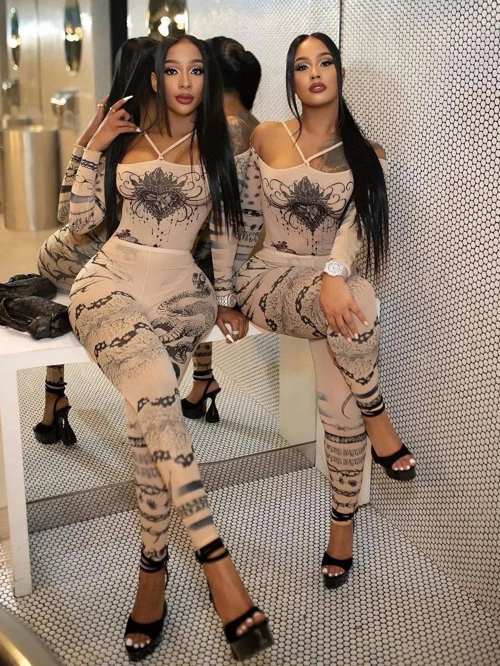 Weird Puss Sexy See Through Women 2-częściowy zestaw Fashion Heart Print Slash Neck Bodysuit+Leggings Matching Midnight Clubwear Suit