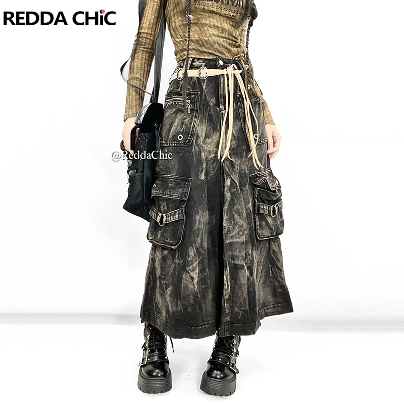 

ReddaChic Grunge Tie Dye Pleats Long Skirt Women Cargo Pockets Eyelets A-line Draped Heavy Denim Skirt Retro Harajuku Streetwear