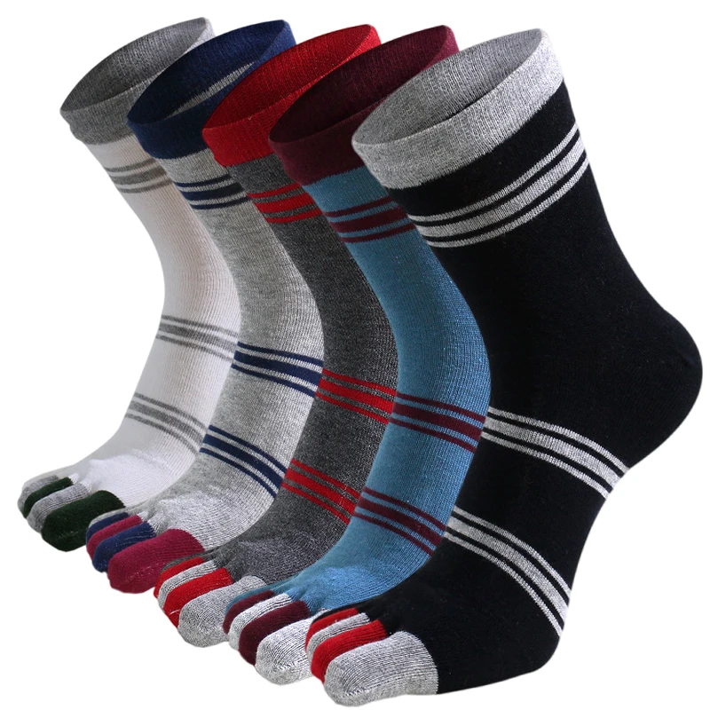 5 Pairs Cotton Five Finger Socks Men Breathable Middle Tube Striped Colorful Dress Business Casual Toe Socks with 5 Toes Male