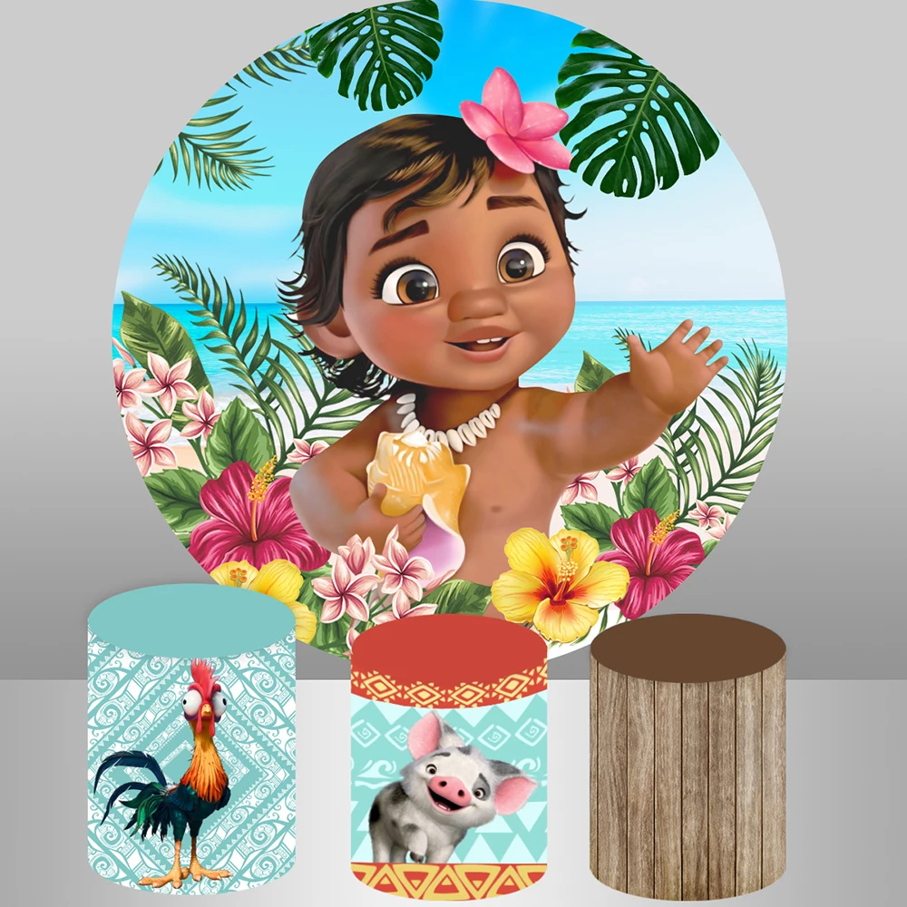 Brave Moana Conquering The Ocean Circle Round Backdrop Cover for Girls Summer Birthday Party Backgrounds Vaiana Cylinder Covers