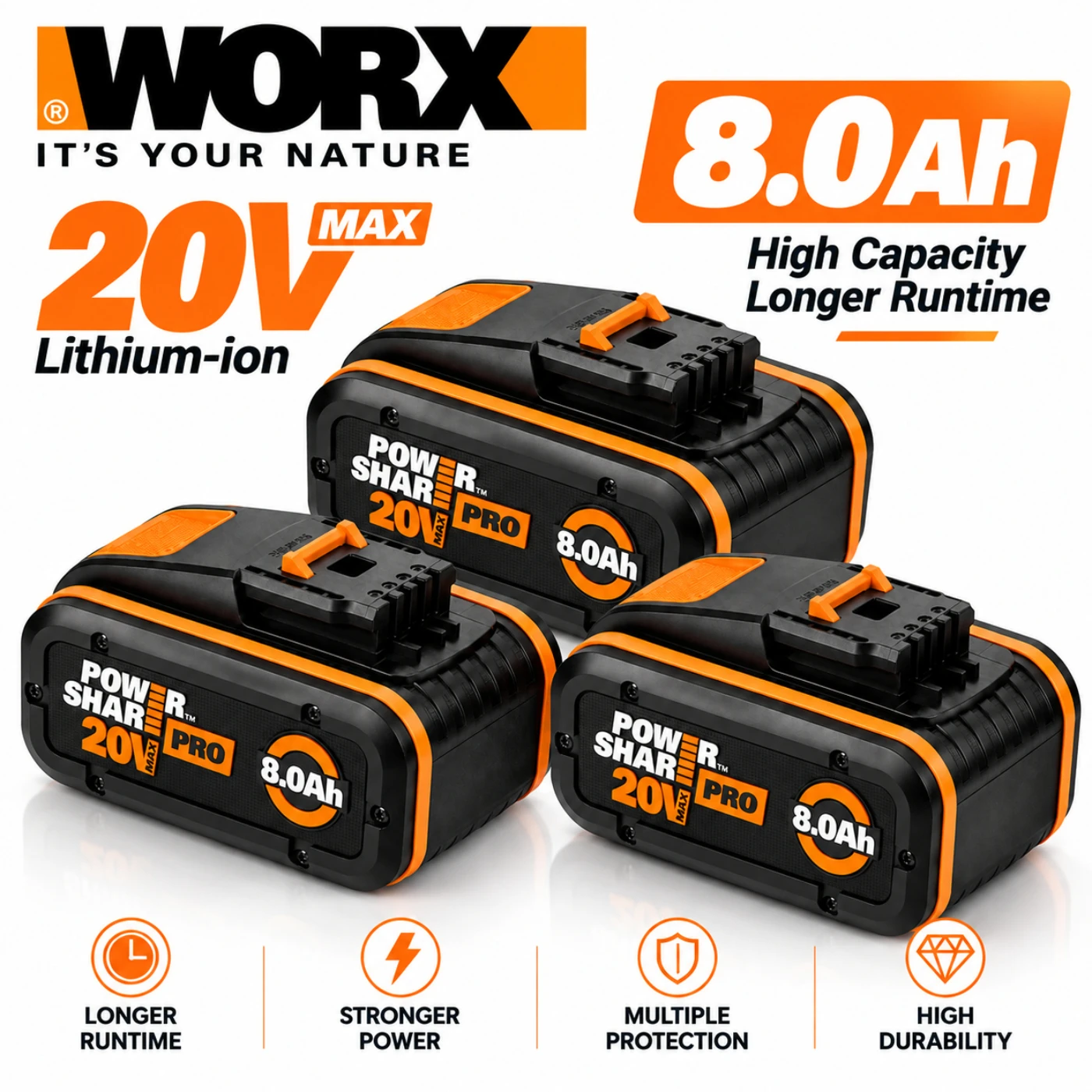 WORK 20V 8.0Ah 8000mAh Lithium Battery Rechargeable Pack Built-in BMS For Cordless Drill Grinder Electric Wrench Tools