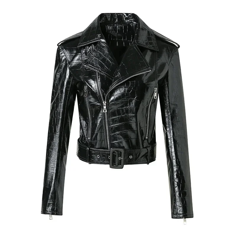 2024 Women\'s Genuine Leather Jacket Patent Leather Crocodile Pattern Autumn Spring Fashion Real Sheepskin Leather Coat