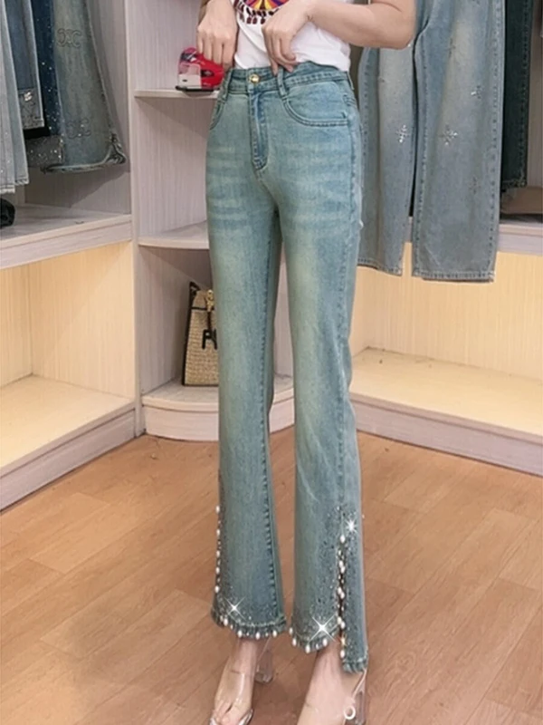 High Waist Slimming Bell Bottom Jeans Women's Summer Fashion Split Design Nine Points Flared Pants Commute Style Casual Wear