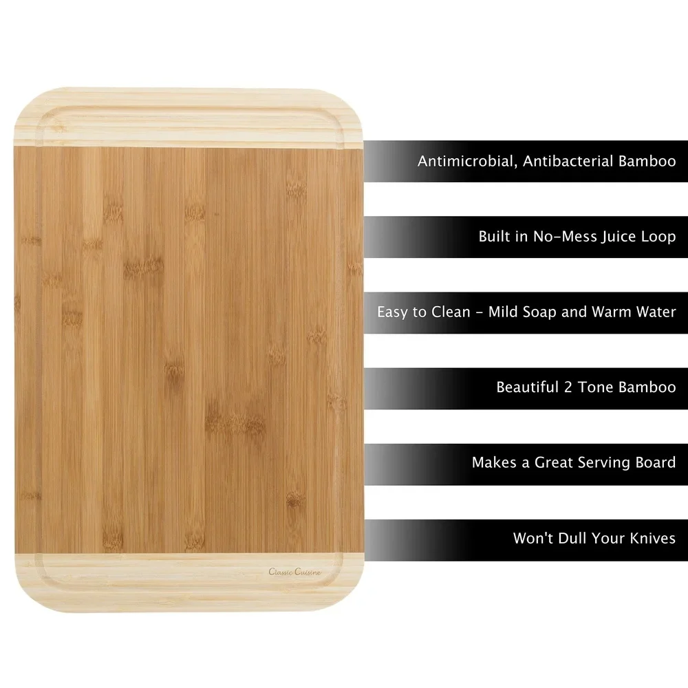 Eco-Friendly Two Tone Bamboo Cutting Board with Juice Groove Extra Thick Kitchen Chopping Serving Board Anti-Microbial Durable