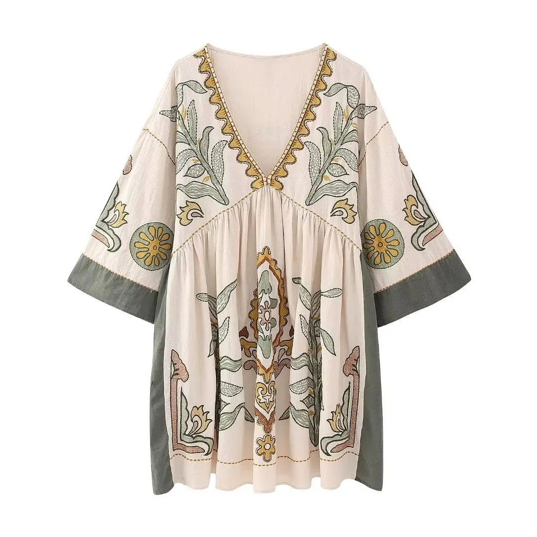 TEELYNN Linen Cotton Floral Embroidery Mini Dresses For Women Robe Vintage O Neck Loose A-line Short Dress Summer Boho Beach