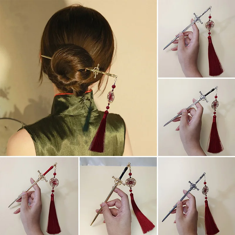 Vintage Sword Tassel Pendant Hair Sticks For Women Girls Hairstyle Design Tool Chinese Hairpins Hair Chopsticks Hair Accessories