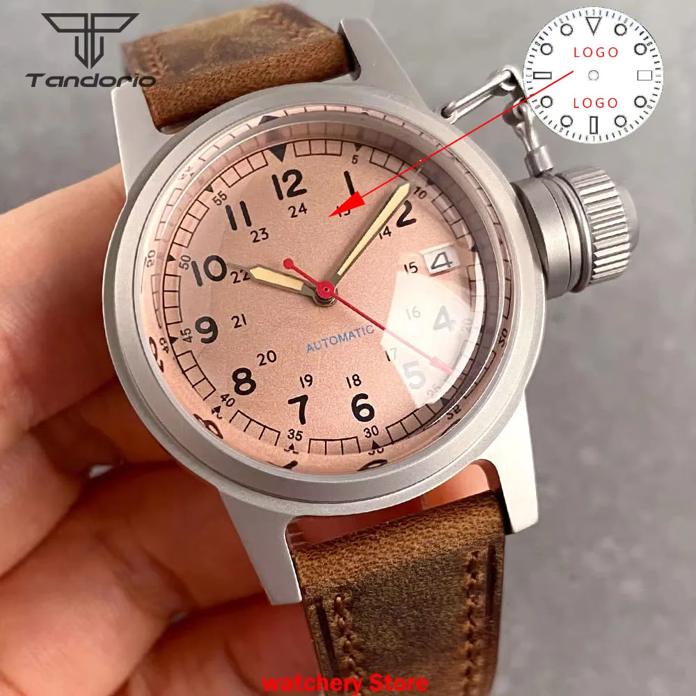 Customized 36mm NH35A Automatic Man Watch Big Crown Green Vintage Dial 3.8 Date Dome Sapphire Glass Sandblasted Case