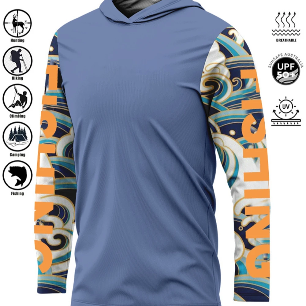 Chemises de pêche à capuche pour hommes, protection UV, mode extérieure, impression de vagues de mer, évacuation de l'humidité