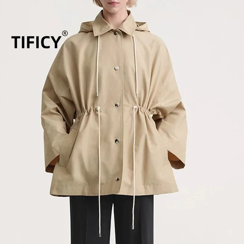 

TIFICY Autumn and Winter Trench Women's New Khaki Hooded Waist Parka Long Sleeve Jacket Short Coat Windbreaker