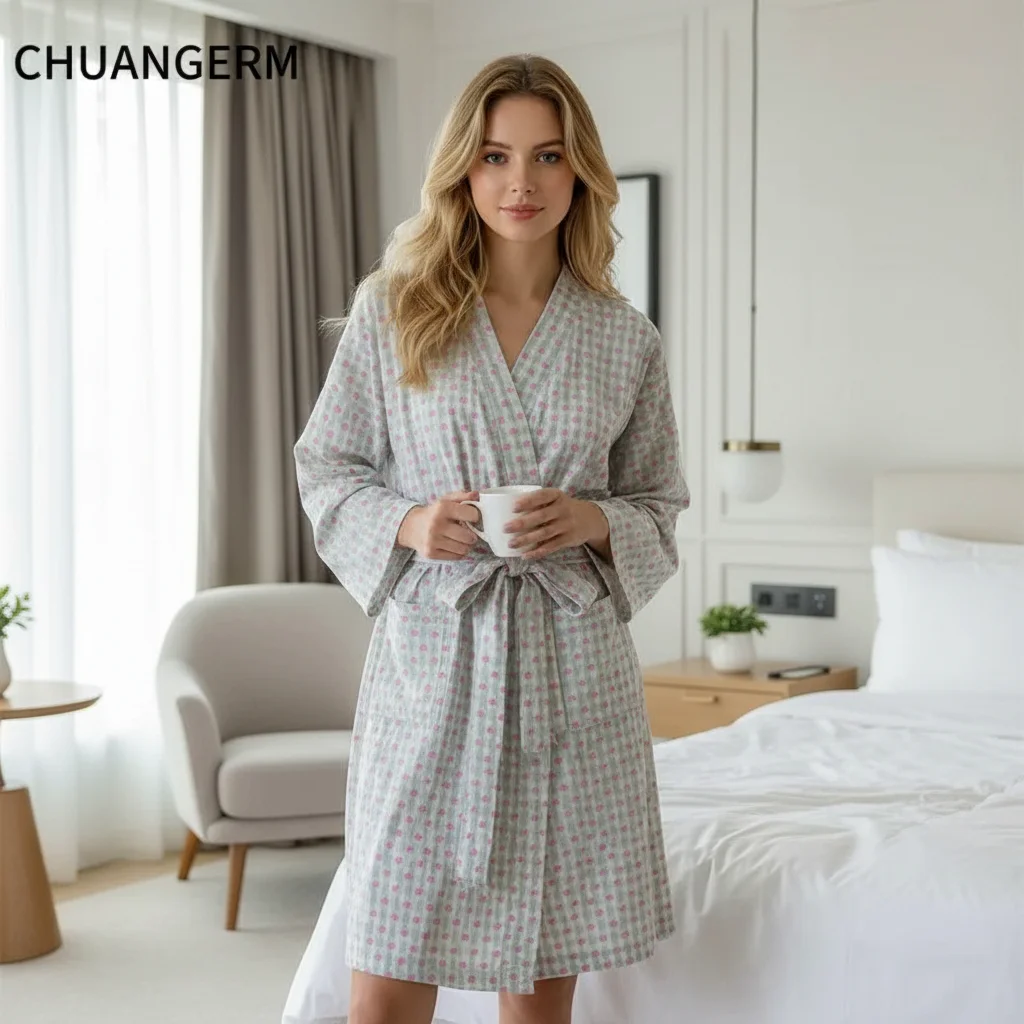 CHUANGERM Women Sweet Plaid Long Sleeve V‑Neck Lace Up Loose Medium‑Long Robe Comfortable Sexy Home Wear Loungewear