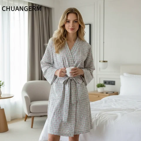 CHUANGERM Women Sweet Plaid Long Sleeve V‑Neck Lace Up Loose Medium‑Long Robe Comfortable Sexy Home Wear Loungewear