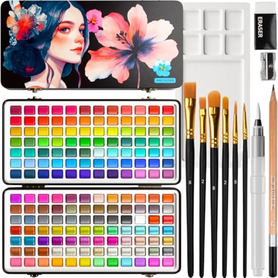 

168 Color Watercolor Paint Set - Portable Paint Art Kit with Palette and Brush Pens - Travel Water Color Set for Adults, Profes