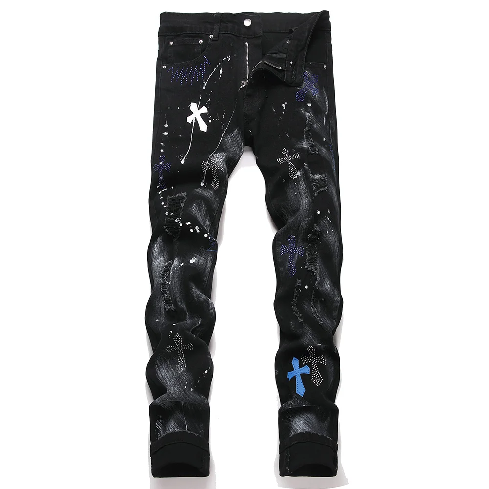 

Men's Black Cross Denim Jeans Crystal Rhinestone Ripped Distressed Pants Punk Streetwear Slim Tapered Stretch Trousers