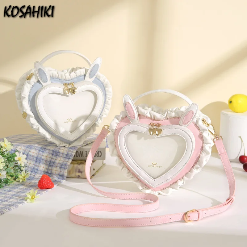 

Contrast Color Heart Transparent Ita Bags Fairy Ruffled Kawaii Rabbit Ears Shoulder Bag Y2k Women Chic Sweet Crossbody Handbags