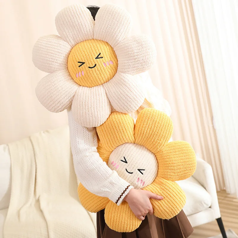 45cm Sunflower Plant Plush Pillow Stuffed Eyes Closed Open Kawaii Emotion Face 7-petal Flower Seat Cushion Sofa Chair Bed Gift