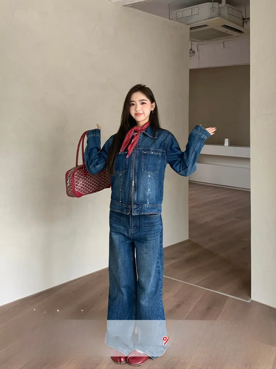 

Ограниченное по времени предложение, винтажный джинсовый комплект с оранжевым деревом, женское осеннее пальто с воротником, брюки длиной до пола, комплект из двух предметов, повседневный комплект