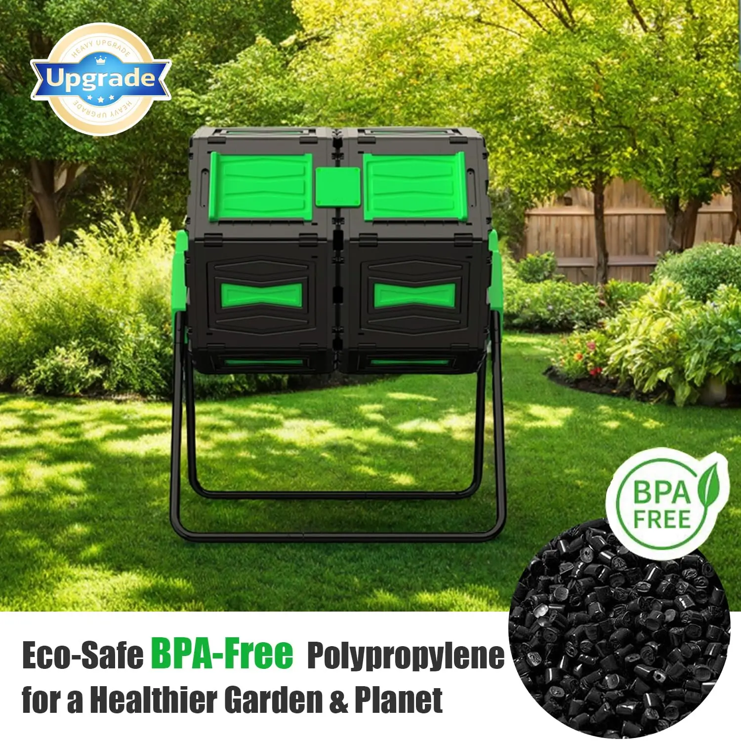 Compost Tumbler, 45-Gal Dual Chamber Compost Bins, BPA-Free Tumbling Composting Bins with 2 Sliding Doors and Metal Frame