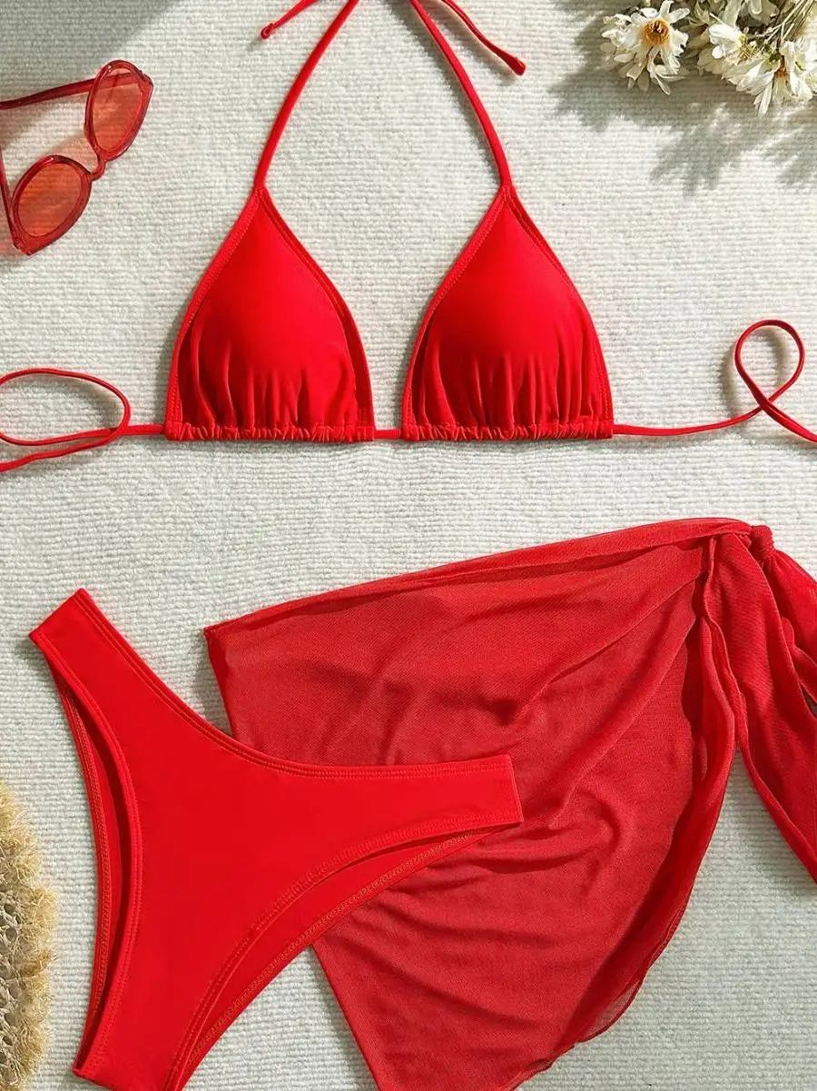 

Сексуальный купальник-бикини с вырезом на груди для женщин, модный, с завязками на шее, красный, спортивный стиль
