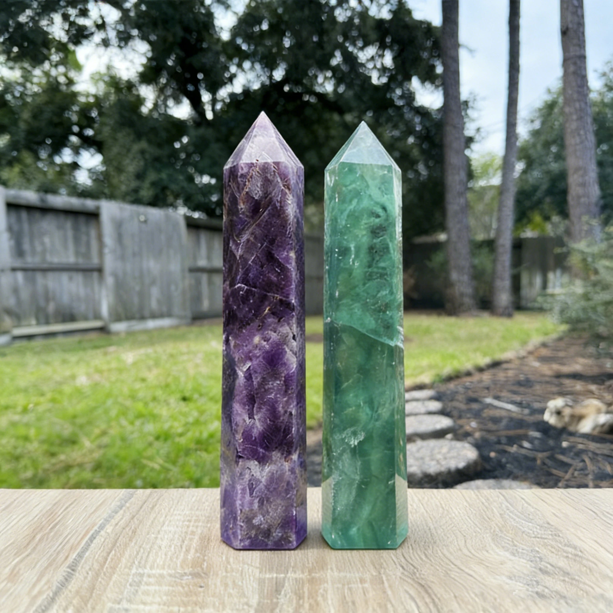 Amethyst Green Fluorite Crystal Pillar Duo 2Pcs 6 Faceted Column 8-17cm Natural Banded Violet Translucent Artisan Polished Dreamlike Desk Ornament Home Decor Office Decor Room Decor Bedroom Decor Table Centerpiece Collectible