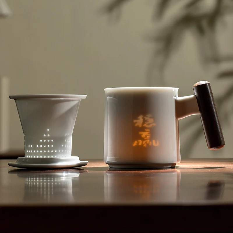 Chinese Style Ceramic Mugs, Home Personal Office Creative Teacup With Cover, Filtered Tea Water Separation, Tea Cups, 340ml, 1Pc