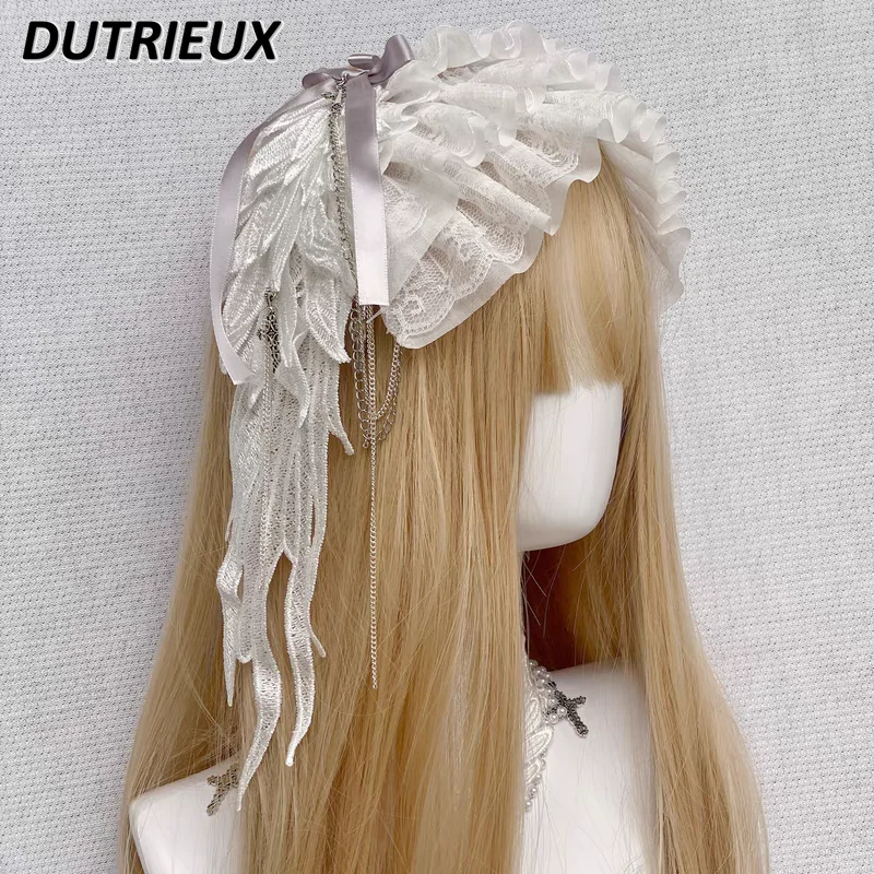 Lady New Headwear Japanese Style Wings Silver Gothic Headband 2024 New Hair Accessories for Women Sweet Cute Hairbands Female