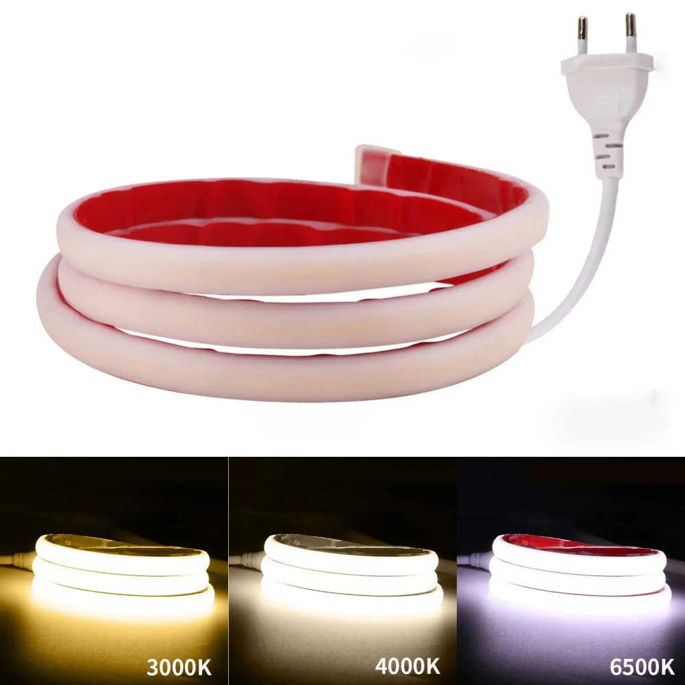 Strip lampu LED Cob 220V 230V, dengan colokan EU Super terang IP65 tahan air 288 LEDS/m putih dingin hangat lampu dekorasi dalam ruangan luar ruangan