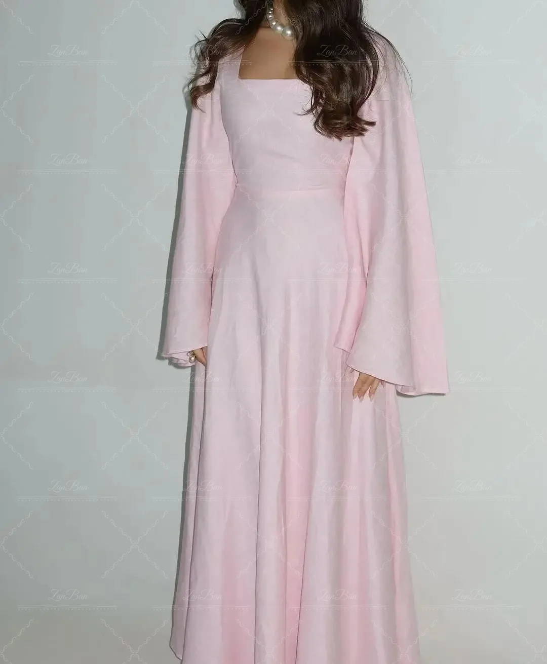 ZanBan 2026 Elegant Square Collar Pink Formal Party Gown Cap Long Pleat Sleeve Saudi Arabic Prom Dresses Customized Evening Gown