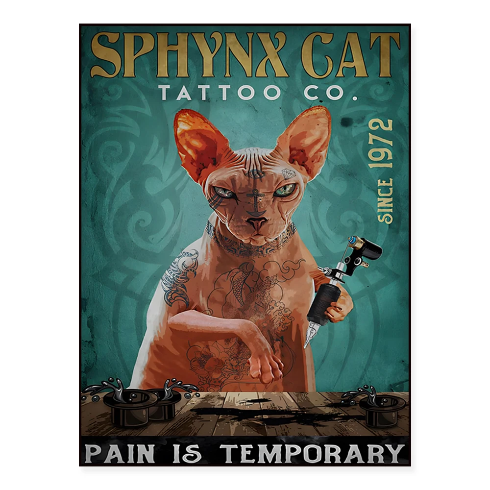 Sphinx Cat Tattoo Company Pain is Temporary Wall Art Decor Print Poster, Sphinx Cat Tattoo Gift