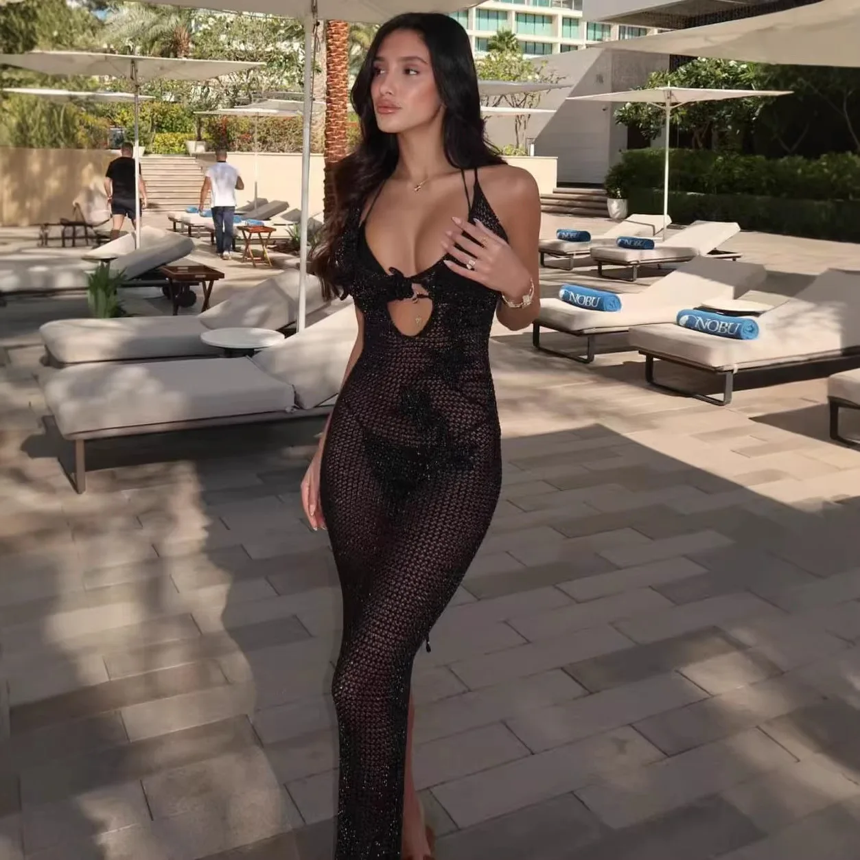 

2026 Spring and Summer Women's Clothing V-neck Sleeveless Long Dress Knitted Blouse Sexy Slim-fitting Hollow Fashion Mesh Dress