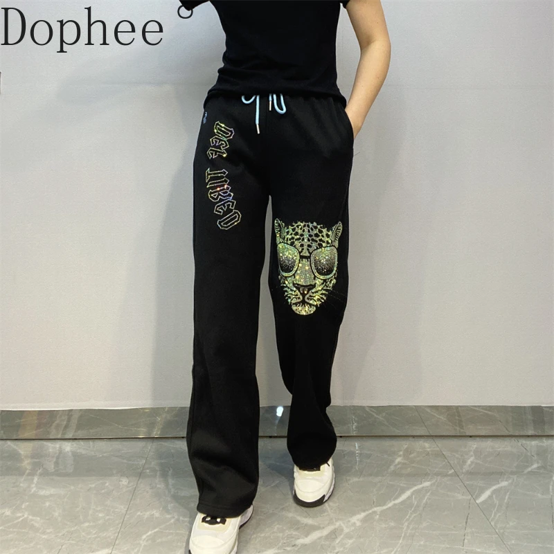 

Fashion Shiny Hot Drilling Sweatpants Thicken Velvet New Autumn Winter Elastic Waist Women Straight Pants Casual Long Trousers