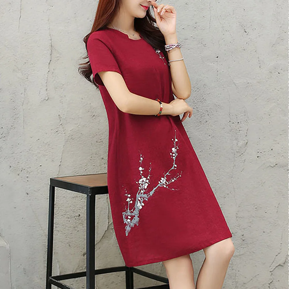 Women Casual Loose Flower Printing Short Sleeve Dress