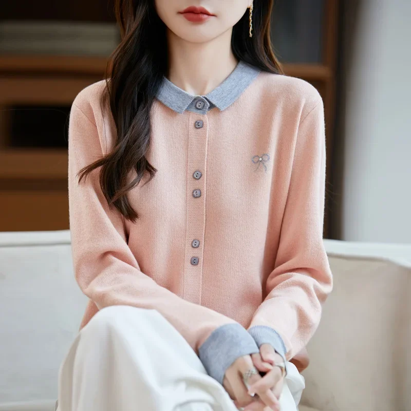 

Woolen Sweater Coat for Women Early Autumn Loose Style Knitted Wear Sweet Embroidered Butterfly Knot Baby Doll Collar