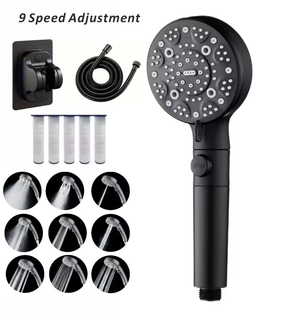 Filter 9 Modes Adjustable Shower High Pressure Shower Head with Hose Water Saving One-Key Stop Spray Nozzle Bathroom Accessories