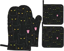 Cute Black Cats Oven Mitts and Pot Holders Sets of 4 Heat Resistant Surface Kitchen Microwave Gloves for Grilling Baking Cooking