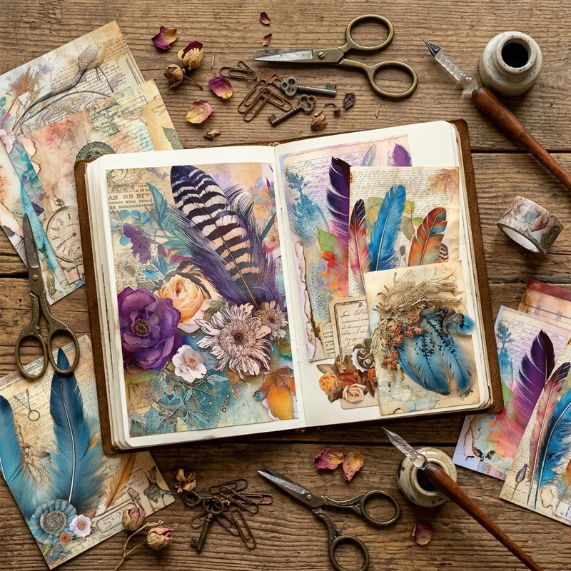 Vintage Feather Floral Old Script Clock Magnifying Glass Printed Junk Journal Paper DIY Scrapbooking Collage Cardmaking Album
