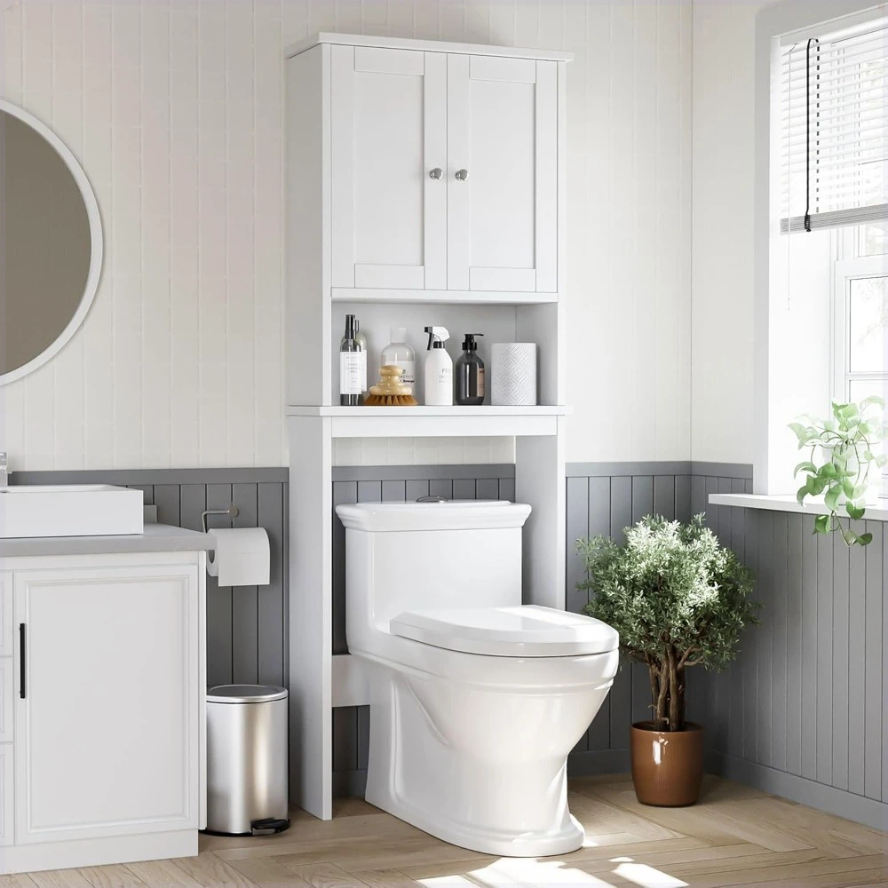 

Above-toilet storage cabinet with anti-tipping device, small freestanding design to save space, with adjustable shelves, white.