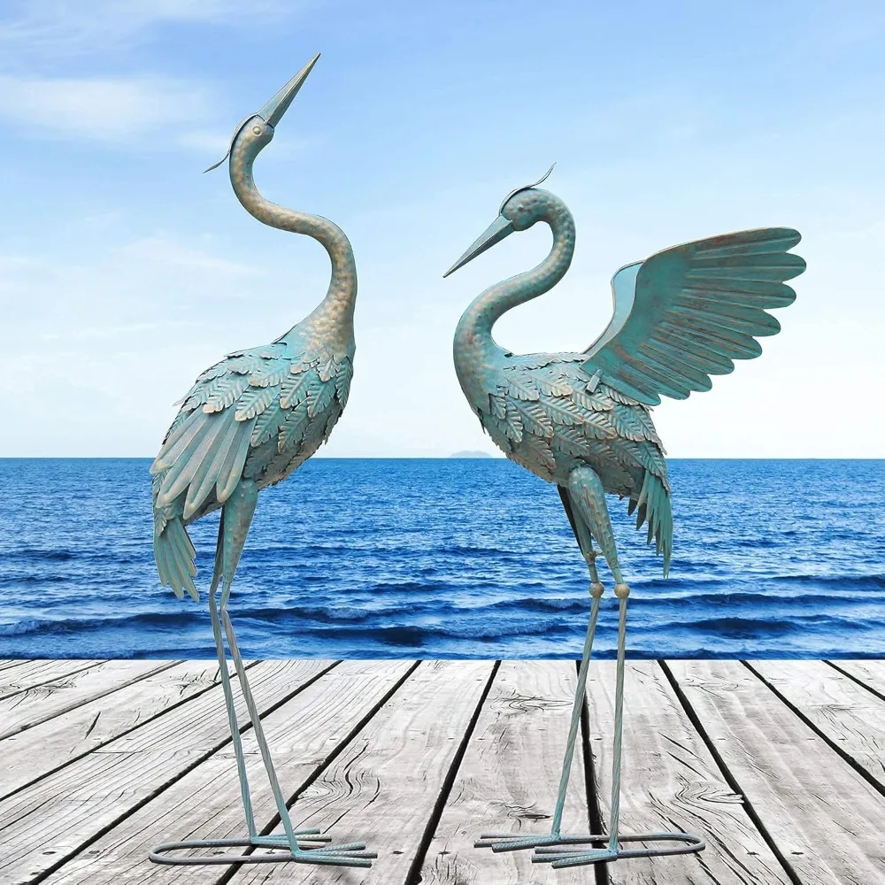 33-37 Inch Metal Crane Garden Sculpture Decoration, Bird Garden Sculpture and Statue, Retro Spreading Crane, 2-piece Set