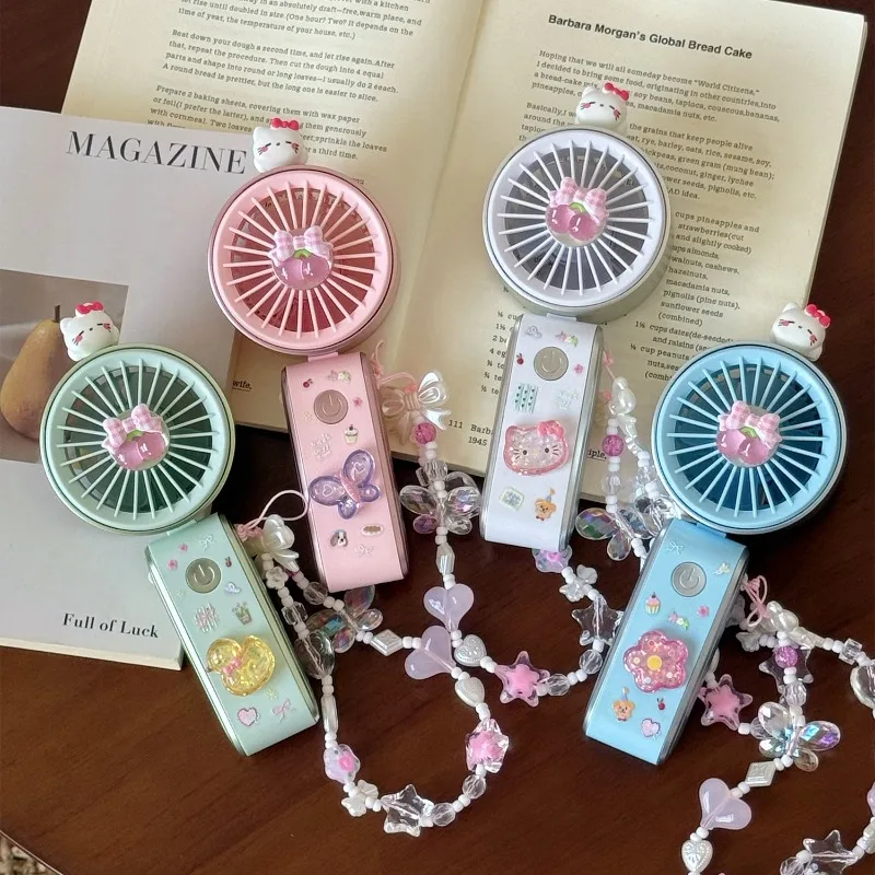 

Hello Kitty fan handheld Kawaii portable foldable USB rechargeable cartoon Crystal chain Sticker DIY Adjustable friend gifts