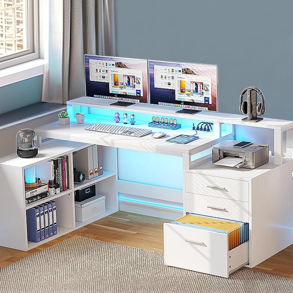 

Office Furniture Desk Sets ,65" L Shaped Desk With Power Outlets And Monitor Stand , Computer Desk With LED Light &File Cabinet