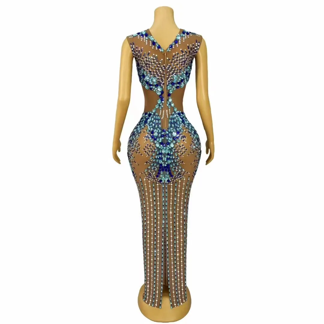 Sexy Luxury Sparkly Rhinestones Nude Mesh  Maxi Dress Women Evening Party Elegant Gown Show Red carpet Stage Costume