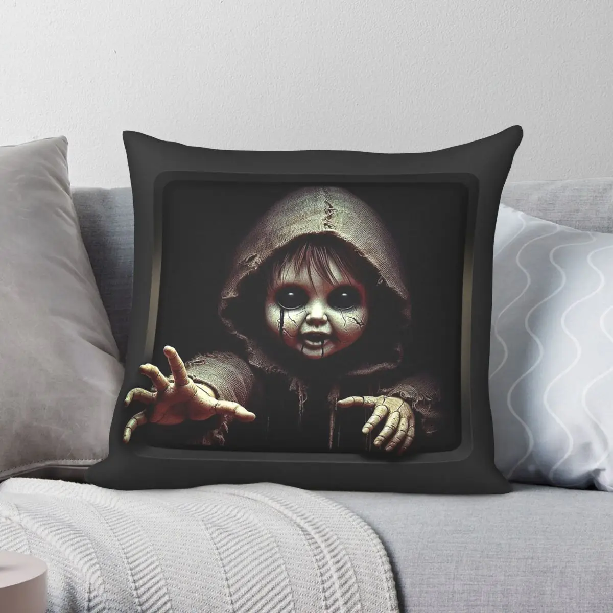 Creepy Spooky Doll Pillowcase Polyester Linen Velvet Creative Zip Decor Pillow Case Home Cushion Cover 18