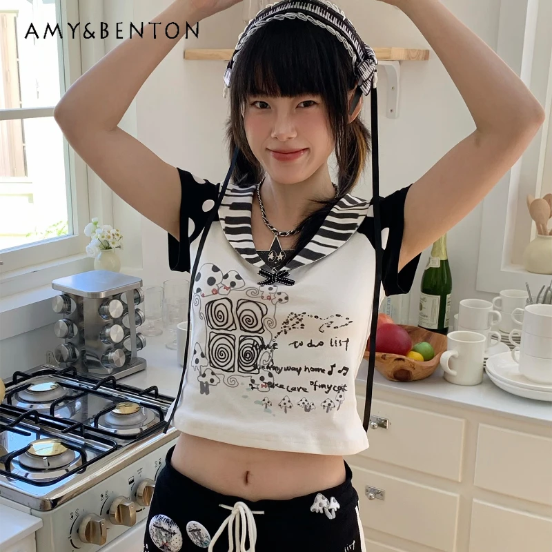 

Japanese Summer White Large Lapel Creative Women's T-Shirt Original Cute Polka Dot Sweet Print Age Reduction T-Shirts Ladies