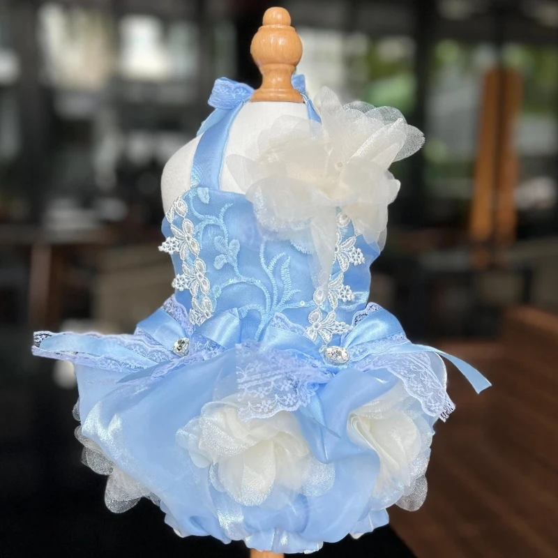 

Spring And Summer Pet Dog Cat Clothes Fashion Original Blue Off-shoulder Sweetheart Dress Princess Dress For Small Medium Dog