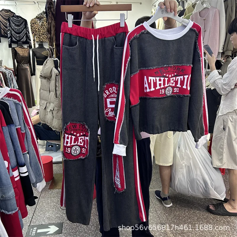 

Американские спортивные комплекты из двух предметов, новые весенние свободные джинсовые толстовки с цветными блоками и буквенным принтом, топ + повседневные длинные брюки с эластичной резинкой на талии