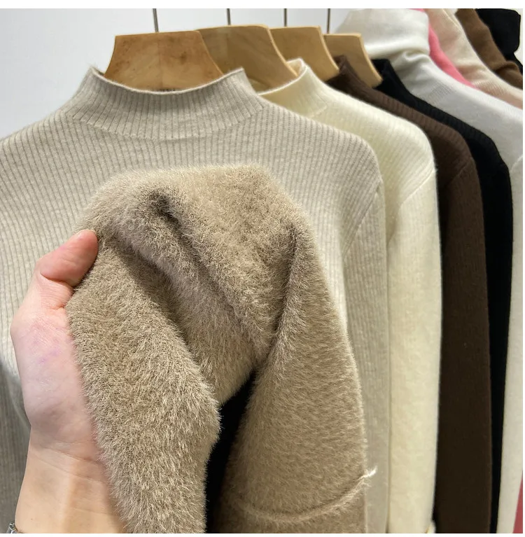 Roll kragen pullover Winter pullover Frauen elegant verdicken Samt gefüttert warm Sueter gestrickt Pullover schlanke Tops Jersey Strick pullover neu – Detail 10