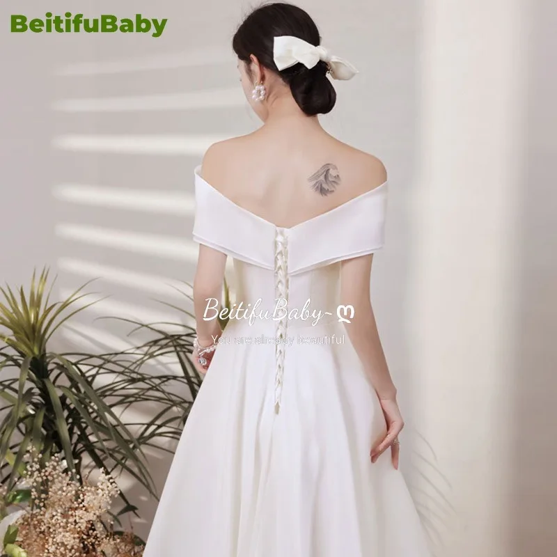 BeitifuBaby Vintage Satin Evening Dresses for Women French Style One Shoulder Sleeveless Bride Wedding Engagement Dress Vestidos