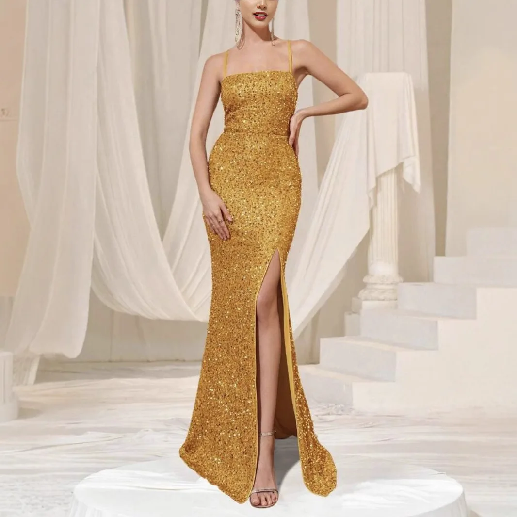 

Fashion Sexy Maxi Dress New Sleeveless V-neck Solid Color Slim Fit Slit Party Dress Women's Casual High Waist Suspenders Dresses